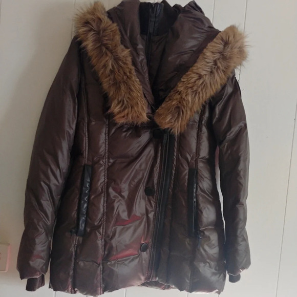 ATELIER NOIR Down Coat JACKET Dark Olive Green Faux Fur Removable Hood Womens L. - Picture 1 of 16